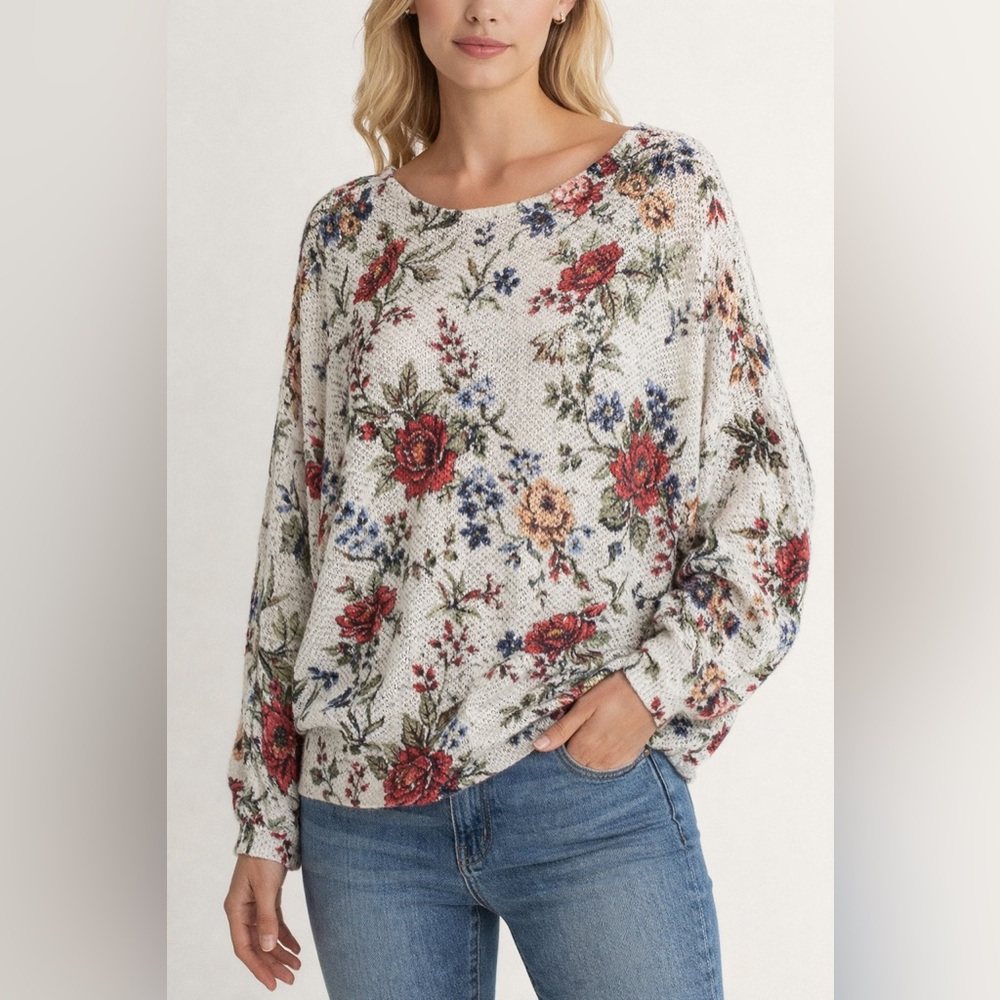 Anna Melani Made in Italy Floral Knit Sweater L Botanical Dolman Top Relaxed Fit